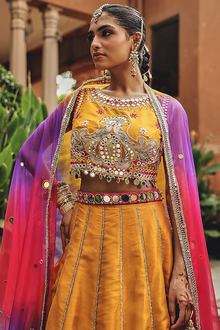 Mustard Organza & Silk Blend Wedding Lehenga Set by Ajiesh Oberoi at Pernia's Pop Up Shop