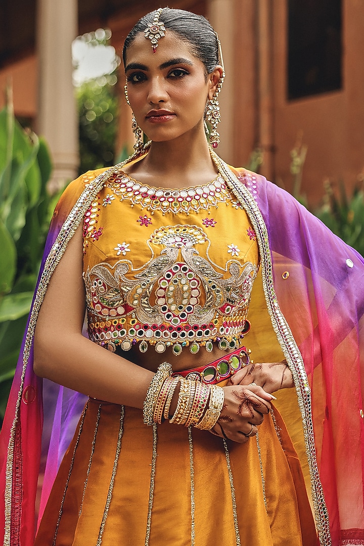 Mustard Organza & Silk Blend Wedding Lehenga Set by Ajiesh Oberoi at Pernia's Pop Up Shop