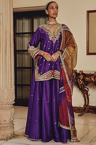 Royal Purple Tissue & Silk Blend Gharara Set by Ajiesh Oberoi