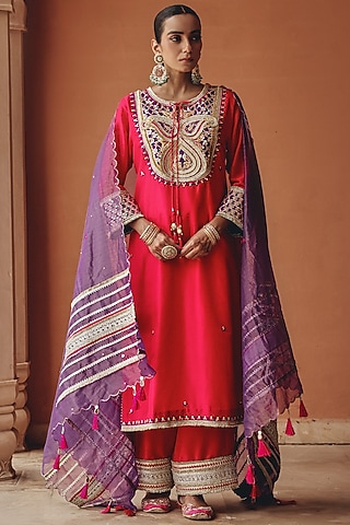 Rani Pink Tissue & Silk Blend Embroidered Kurta Set by Ajiesh Oberoi