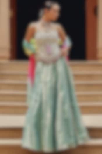 Aqua Tissue Wedding Lehenga Set by Ajiesh Oberoi at Pernia's Pop Up Shop