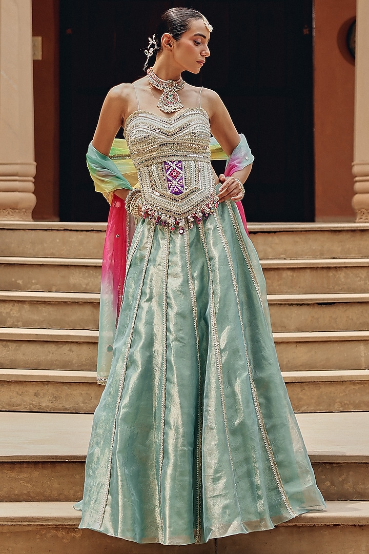 Aqua Tissue Wedding Lehenga Set by Ajiesh Oberoi at Pernia's Pop Up Shop