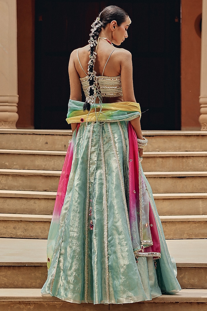 Aqua Tissue Wedding Lehenga Set by Ajiesh Oberoi at Pernia's Pop Up Shop