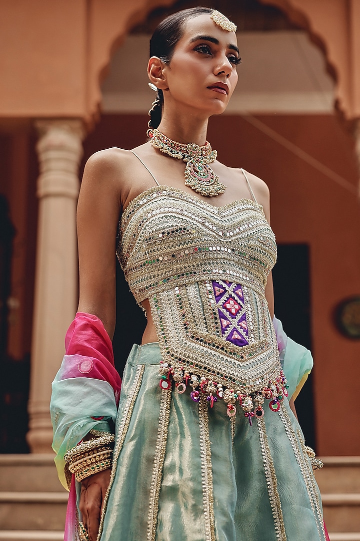 Aqua Tissue Wedding Lehenga Set by Ajiesh Oberoi at Pernia's Pop Up Shop