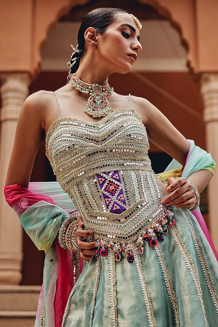 Aqua Tissue Wedding Lehenga Set by Ajiesh Oberoi at Pernia's Pop Up Shop