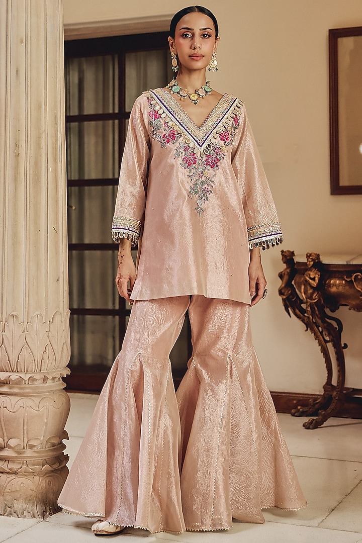 Rose Gold Zari Tissue Party Wear Sharara Set by Ajiesh Oberoi at Pernia's Pop Up Shop