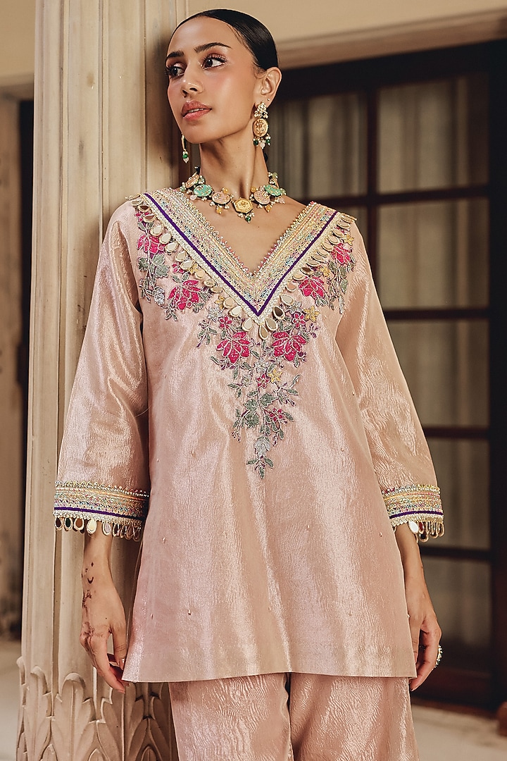 Rose Gold Zari Tissue Party Wear Sharara Set by Ajiesh Oberoi at Pernia's Pop Up Shop
