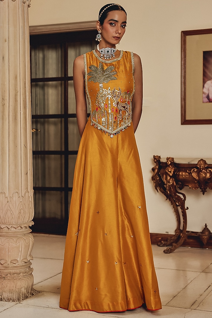 Mustard Silk Blend Party Wear Sharara Set by Ajiesh Oberoi at Pernia's Pop Up Shop