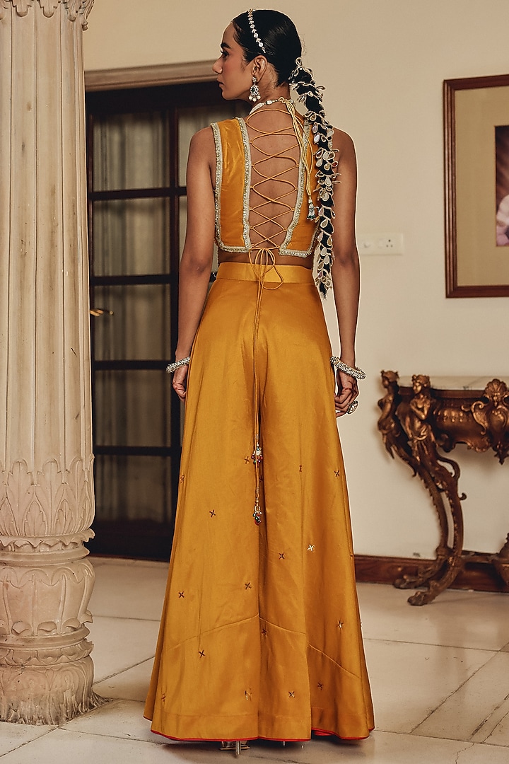 Mustard Silk Blend Party Wear Sharara Set by Ajiesh Oberoi at Pernia's Pop Up Shop