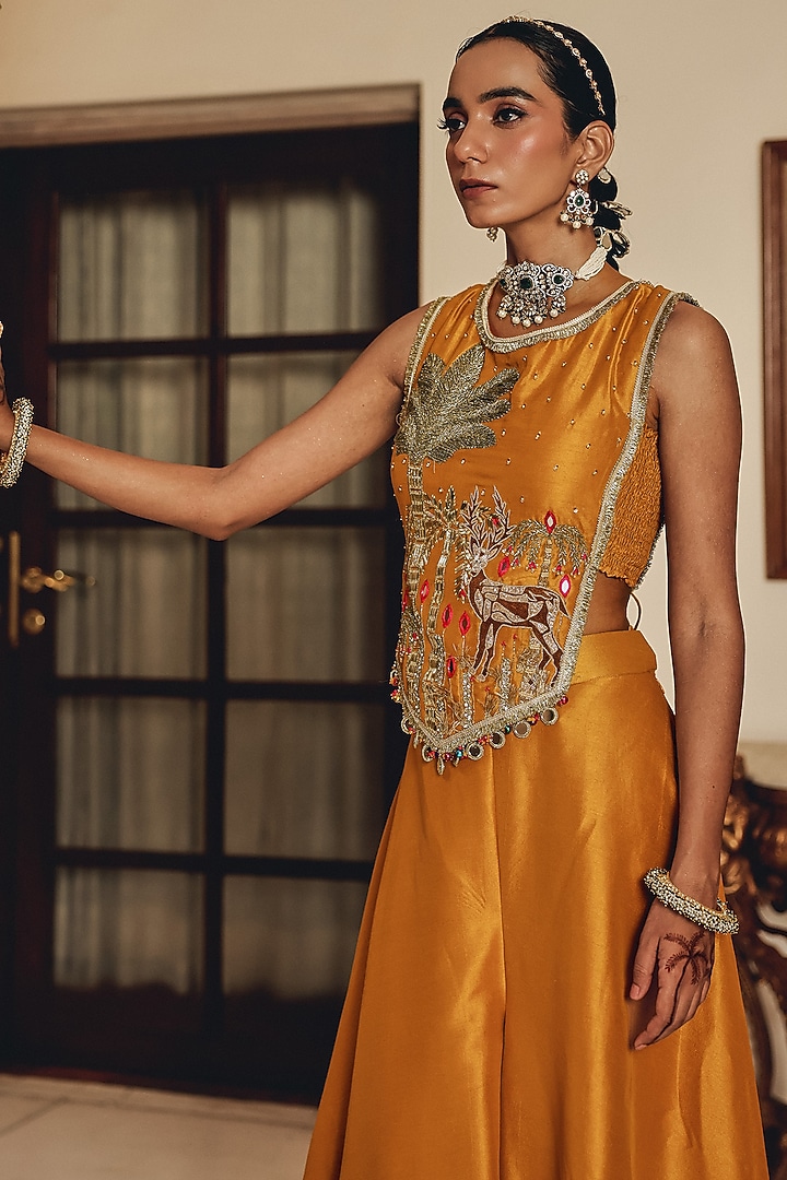 Mustard Silk Blend Party Wear Sharara Set by Ajiesh Oberoi at Pernia's Pop Up Shop