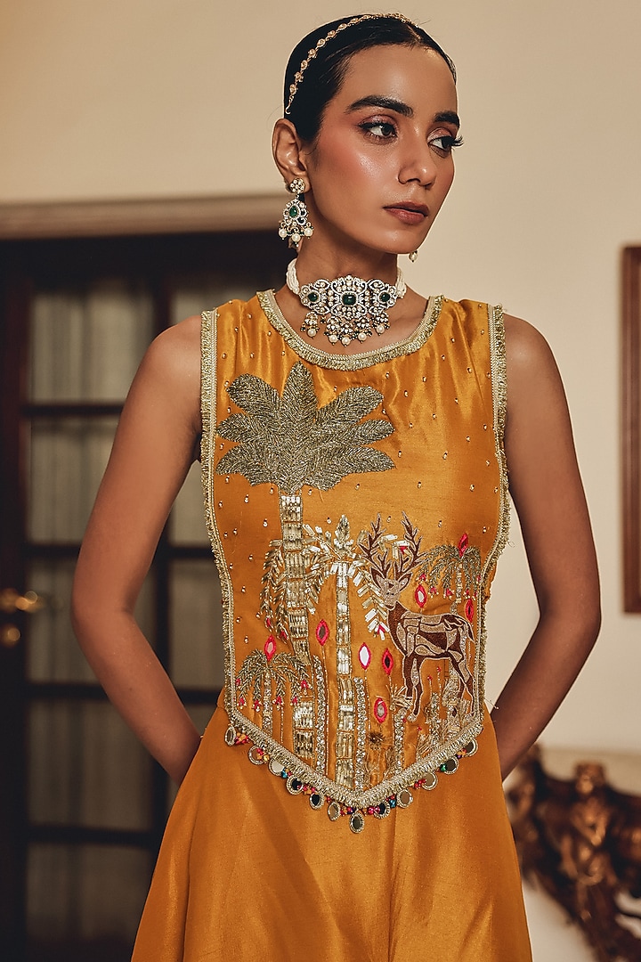 Mustard Silk Blend Party Wear Sharara Set by Ajiesh Oberoi at Pernia's Pop Up Shop