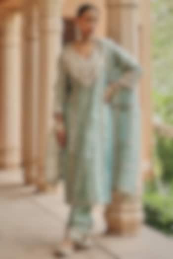 Aqua Zari Tissue Mirror Work Kurta Set by Ajiesh Oberoi at Pernia's Pop Up Shop