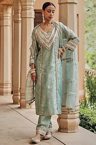 Aqua Zari Tissue Mirror Work Kurta Set by Ajiesh Oberoi