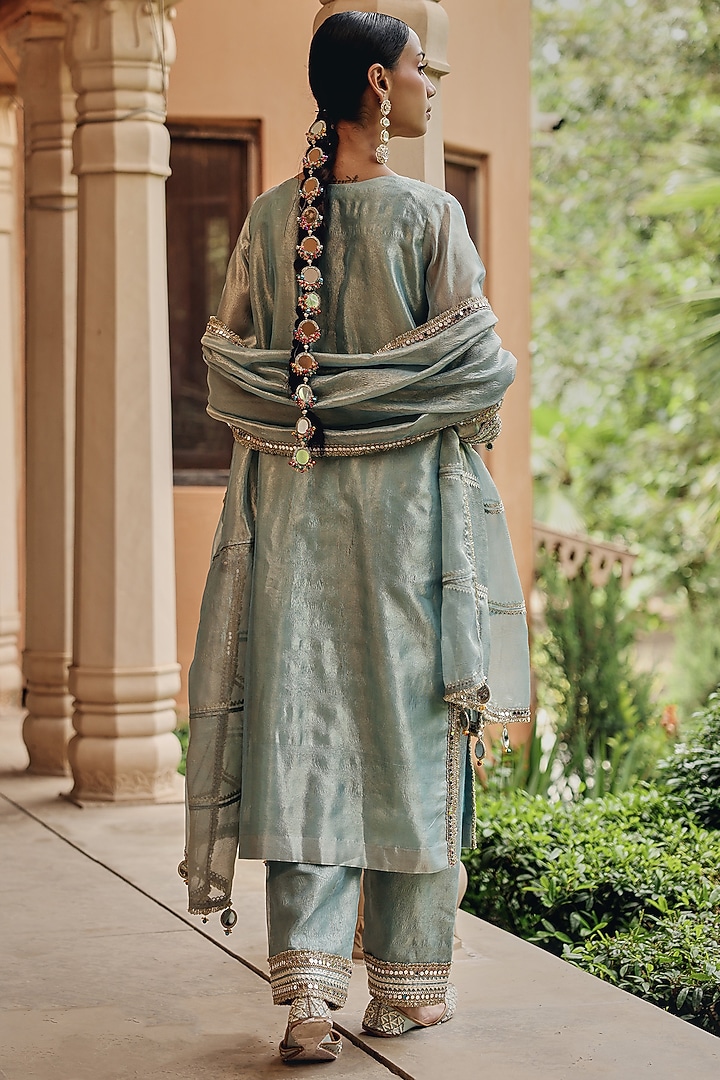 Aqua Zari Tissue Mirror Work Kurta Set by Ajiesh Oberoi at Pernia's Pop Up Shop