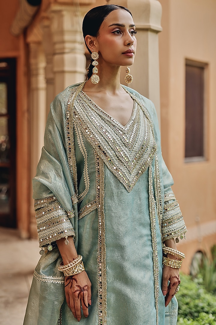 Aqua Zari Tissue Mirror Work Kurta Set by Ajiesh Oberoi at Pernia's Pop Up Shop