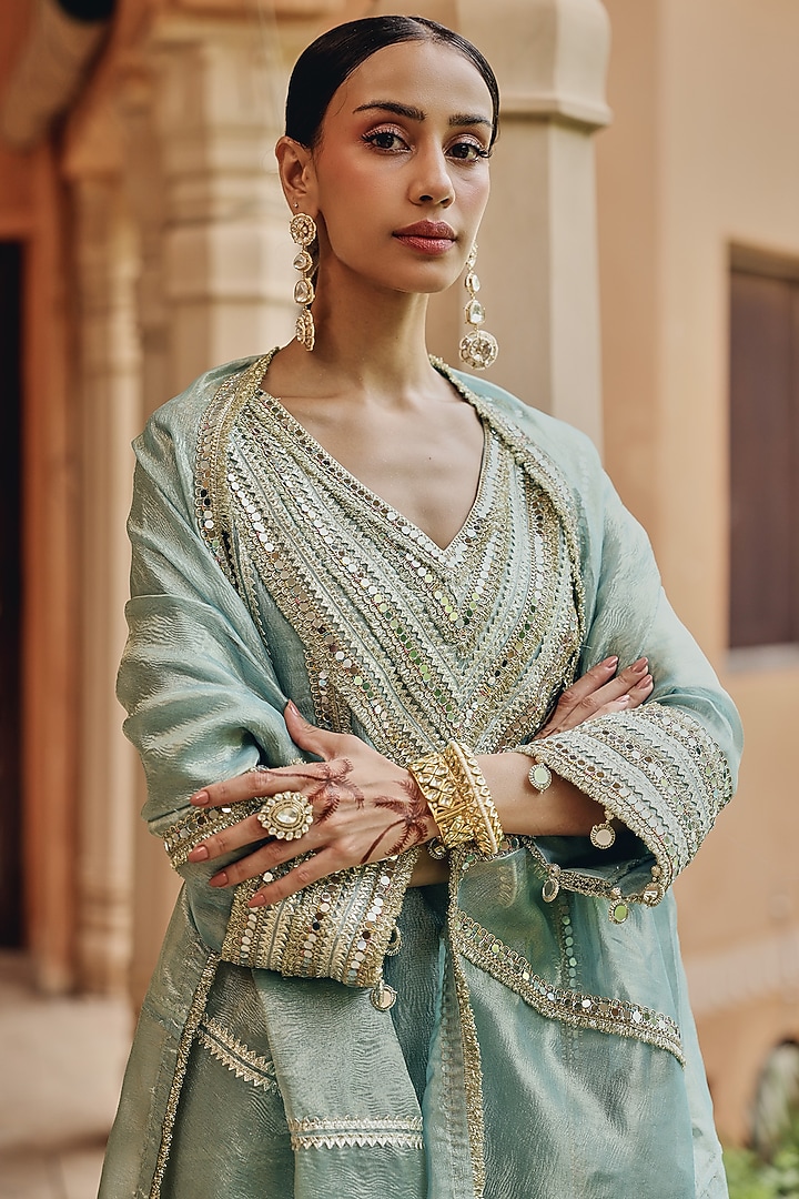 Aqua Zari Tissue Mirror Work Kurta Set by Ajiesh Oberoi at Pernia's Pop Up Shop