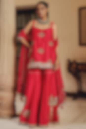 Rani Pink Silk Blend Mirror Work Party Wear Sharara Set by Ajiesh Oberoi at Pernia's Pop Up Shop