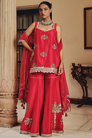 Rani Pink Silk Blend Mirror Work Sharara Set by Ajiesh Oberoi