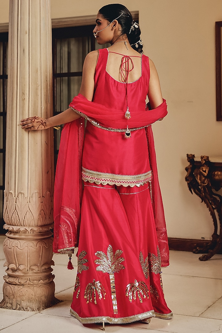 Rani Pink Silk Blend Mirror Work Wedding Sharara Set by Ajiesh Oberoi at Pernia's Pop Up Shop