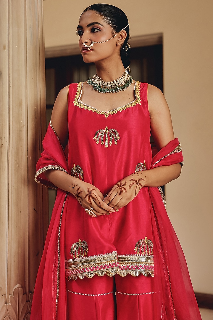 Rani Pink Silk Blend Mirror Work Wedding Sharara Set by Ajiesh Oberoi at Pernia's Pop Up Shop