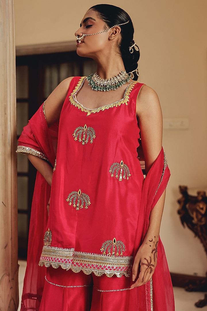 Rani Pink Silk Blend Mirror Work Wedding Sharara Set by Ajiesh Oberoi at Pernia's Pop Up Shop