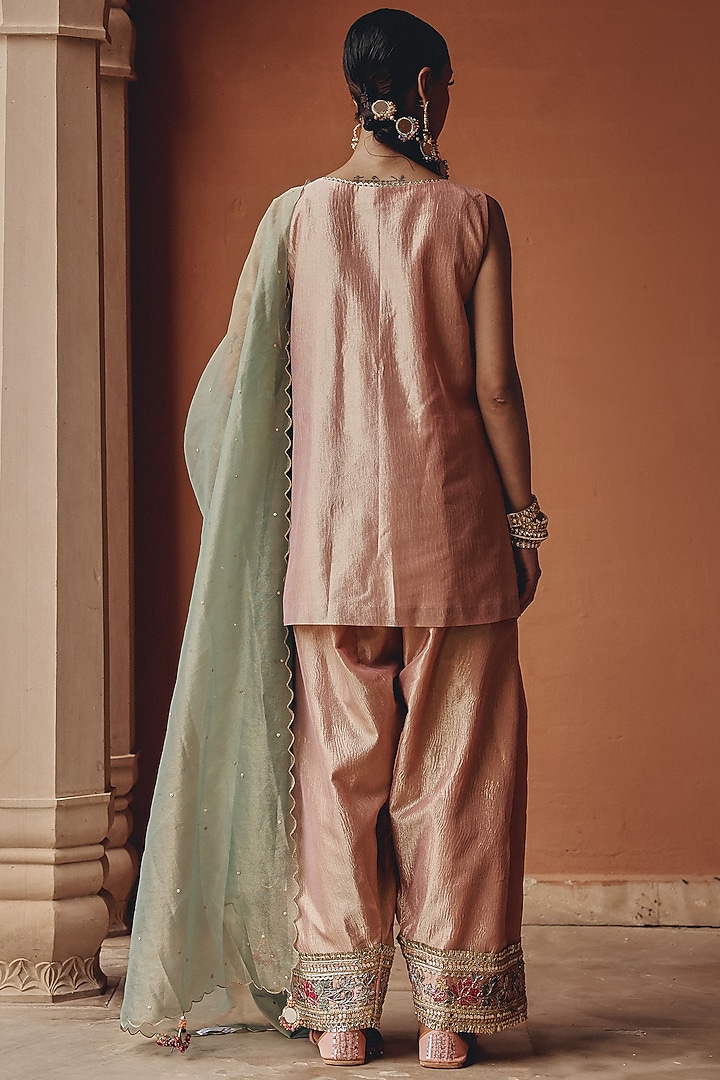 Soft Blush Pink Zari Tissue Floral Embroidered Kurta Set by Ajiesh Oberoi at Pernia's Pop Up Shop
