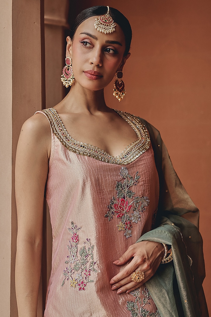 Soft Blush Pink Zari Tissue Floral Embroidered Kurta Set by Ajiesh Oberoi at Pernia's Pop Up Shop