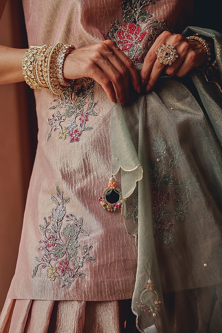 Soft Blush Pink Zari Tissue Floral Embroidered Kurta Set by Ajiesh Oberoi at Pernia's Pop Up Shop