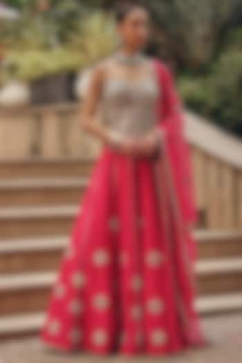 Rani Pink Silk Blend Mirror Boota Work Wedding Lehenga Set by Ajiesh Oberoi at Pernia's Pop Up Shop