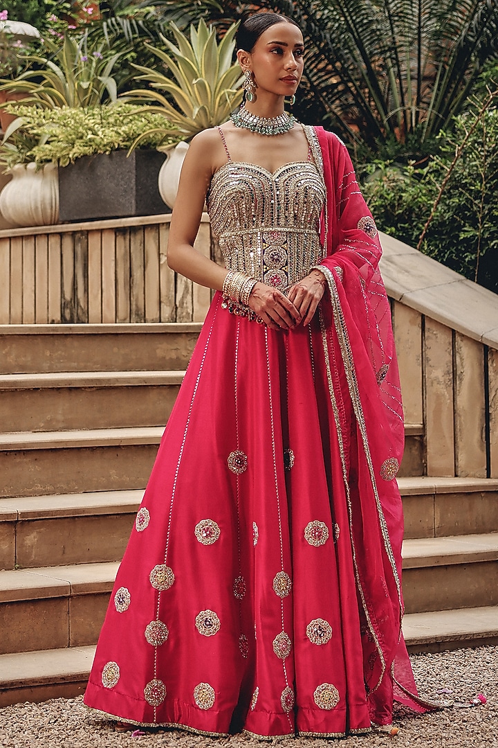 Rani Pink Silk Blend Mirror Boota Work Wedding Lehenga Set by Ajiesh Oberoi at Pernia's Pop Up Shop