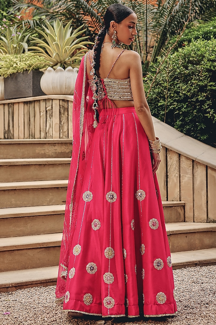 Rani Pink Silk Blend Mirror Boota Work Wedding Lehenga Set by Ajiesh Oberoi at Pernia's Pop Up Shop