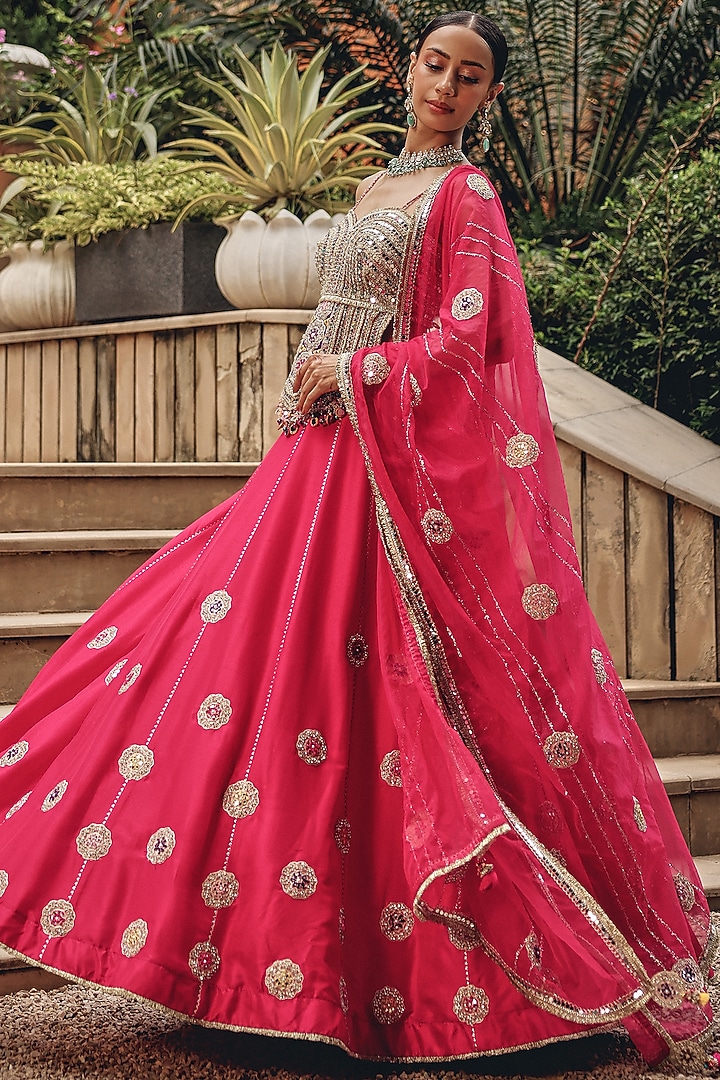Rani Pink Silk Blend Mirror Boota Work Wedding Lehenga Set by Ajiesh Oberoi at Pernia's Pop Up Shop