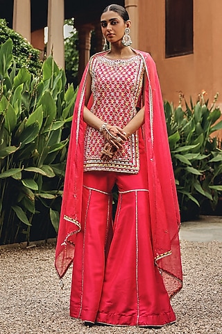 Rani Pink Silk Blend Gharara Set by Ajiesh Oberoi