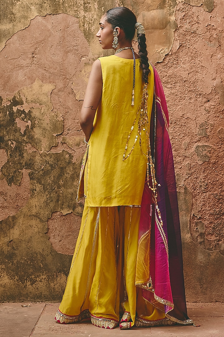 Yellow Bamboo Pure Silk & Organza Embroidered Gharara Set by Ajiesh Oberoi at Pernia's Pop Up Shop