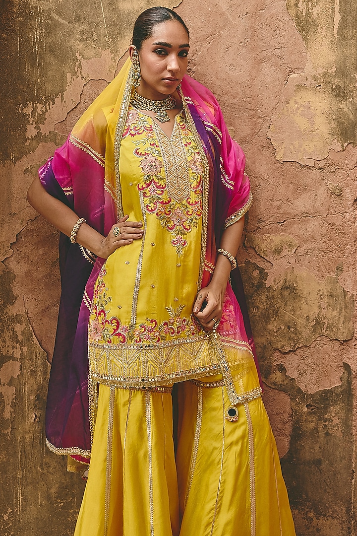 Yellow Bamboo Pure Silk & Organza Embroidered Gharara Set by Ajiesh Oberoi at Pernia's Pop Up Shop