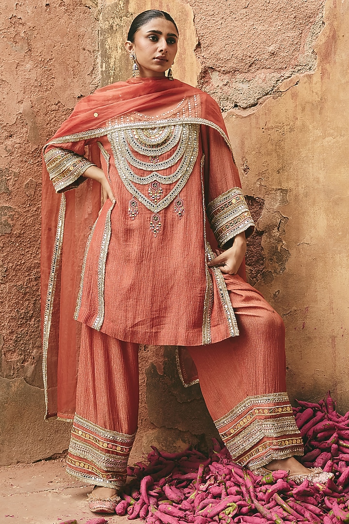 Rust Orange Crinkle Tissue & Organza Embroidered Kurta Set by Ajiesh Oberoi at Pernia's Pop Up Shop