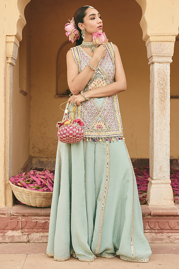 Sea Green Crinkle Tissue & Organza Wedding Sharara Set by Ajiesh Oberoi at Pernia's Pop Up Shop