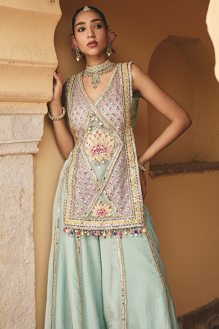 Sea Green Crinkle Tissue & Organza Wedding Sharara Set by Ajiesh Oberoi at Pernia's Pop Up Shop