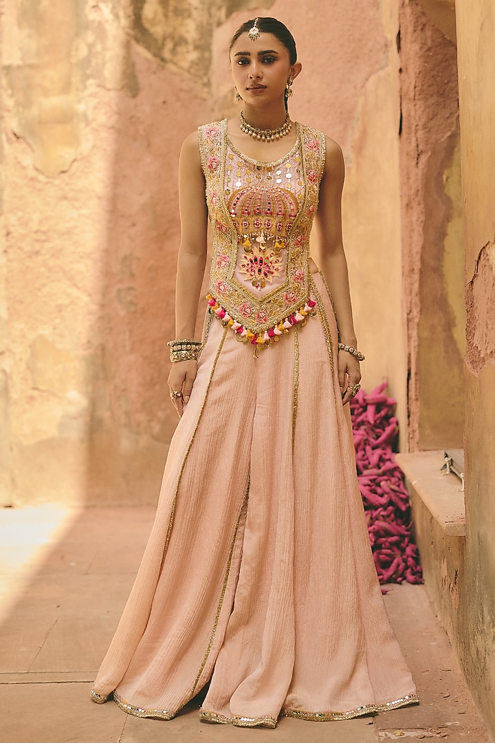 Blush Pink Crinkle Tissue & Organza Wedding Sharara Set by Ajiesh Oberoi at Pernia's Pop Up Shop