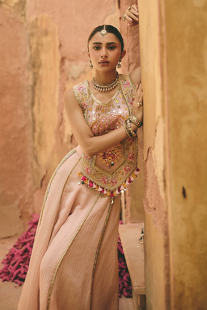 Blush Pink Crinkle Tissue & Organza Wedding Sharara Set by Ajiesh Oberoi at Pernia's Pop Up Shop
