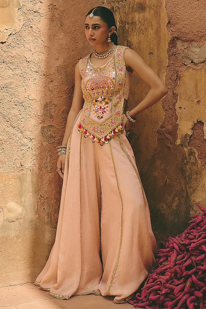 Blush Pink Crinkle Tissue & Organza Wedding Sharara Set by Ajiesh Oberoi at Pernia's Pop Up Shop