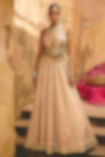 Nude Crinkle Tissue Mirror Panelled Wedding Lehenga Set by Ajiesh Oberoi at Pernia's Pop Up Shop