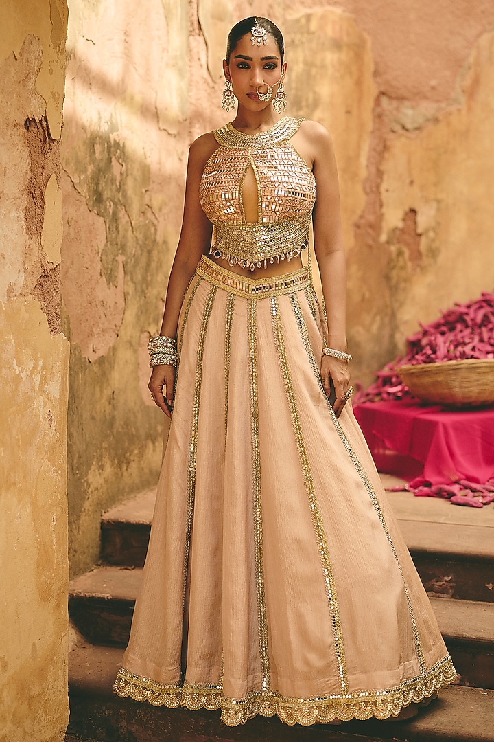 Nude Crinkle Tissue Mirror Panelled Wedding Lehenga Set by Ajiesh Oberoi at Pernia's Pop Up Shop