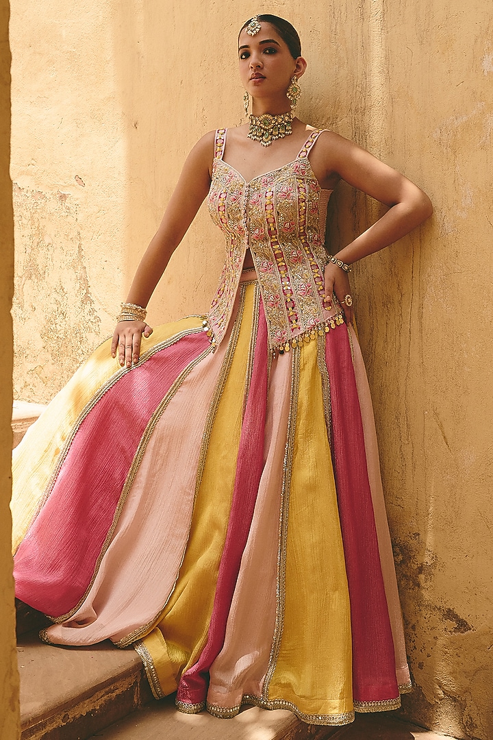 Multi-Colored Crinkle Tissue & Organza Panelled Wedding Lehenga Set by Ajiesh Oberoi at Pernia's Pop Up Shop