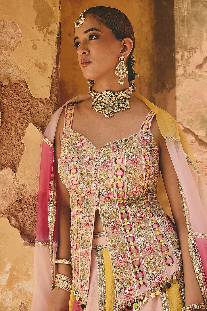 Multi-Colored Crinkle Tissue & Organza Panelled Wedding Lehenga Set by Ajiesh Oberoi at Pernia's Pop Up Shop