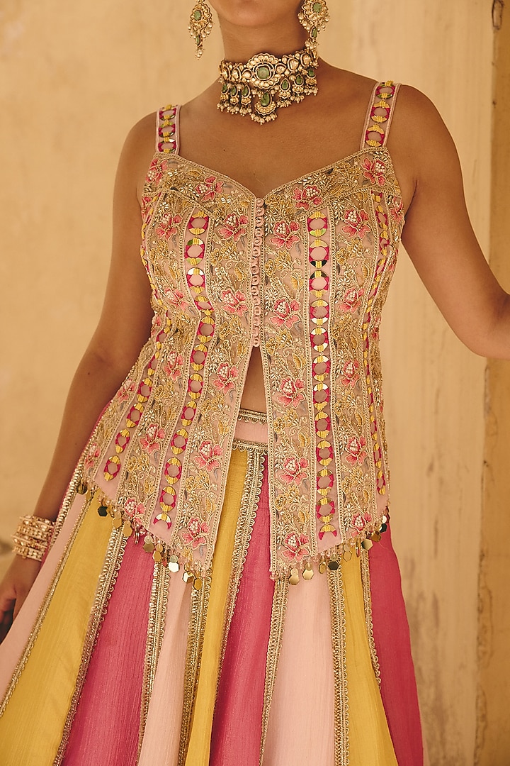 Multi-Colored Crinkle Tissue & Organza Panelled Wedding Lehenga Set by Ajiesh Oberoi at Pernia's Pop Up Shop