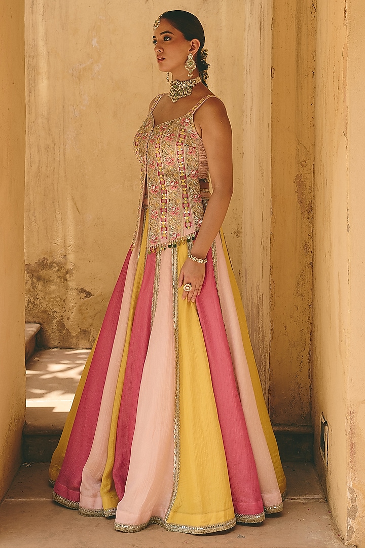Multi-Colored Crinkle Tissue & Organza Panelled Wedding Lehenga Set by Ajiesh Oberoi at Pernia's Pop Up Shop