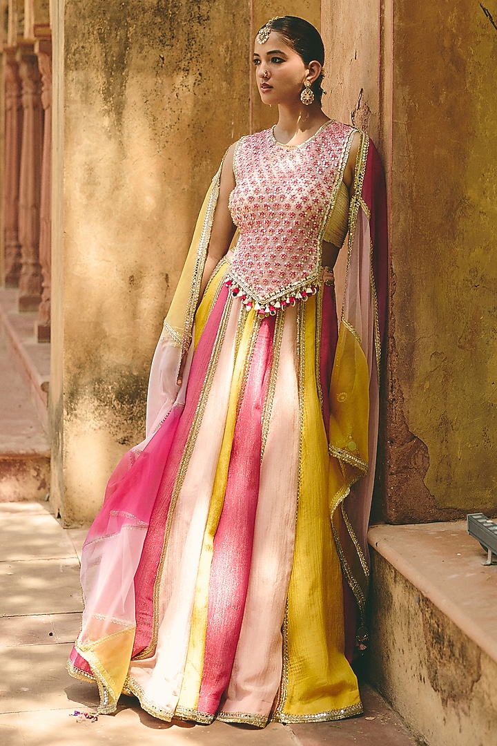 Multi-Colored Crinkle Tissue & Organza Panelled Wedding Lehenga Set by Ajiesh Oberoi at Pernia's Pop Up Shop