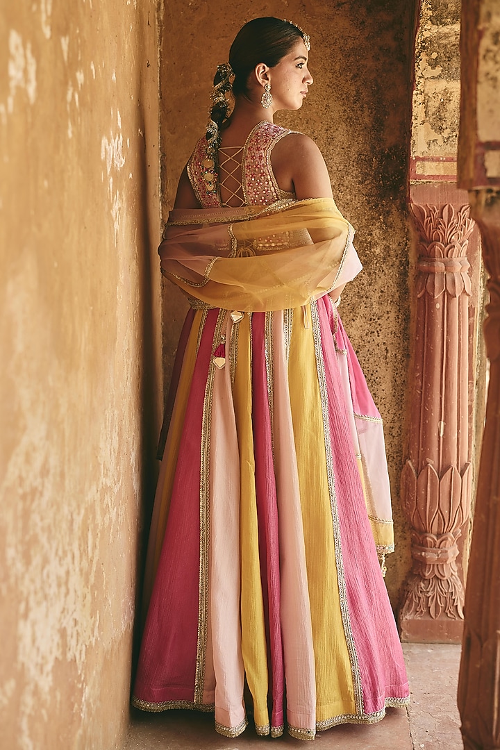 Multi-Colored Crinkle Tissue & Organza Panelled Wedding Lehenga Set by Ajiesh Oberoi at Pernia's Pop Up Shop