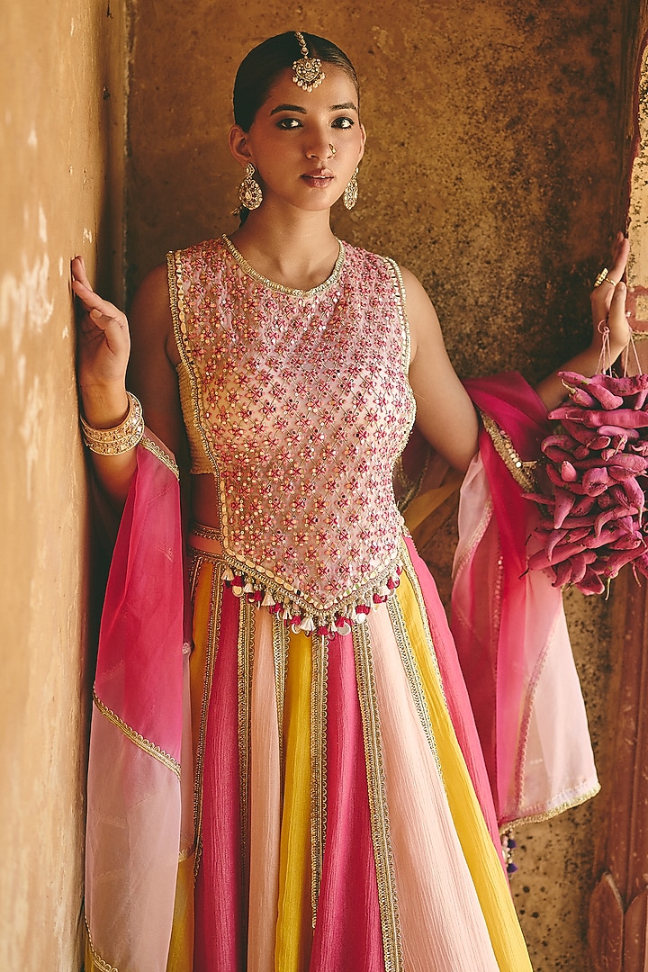 Multi-Colored Crinkle Tissue & Organza Panelled Wedding Lehenga Set by Ajiesh Oberoi at Pernia's Pop Up Shop